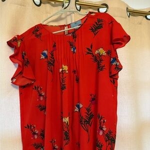 CeCe Red Blouse with Ruffled Flutter Sleeves and Pleated Style